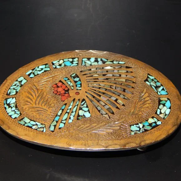 Artisan Crafted Turquoise & Coral Chip Inlay Native Chief Belt Buckle - Picture 3 of 9